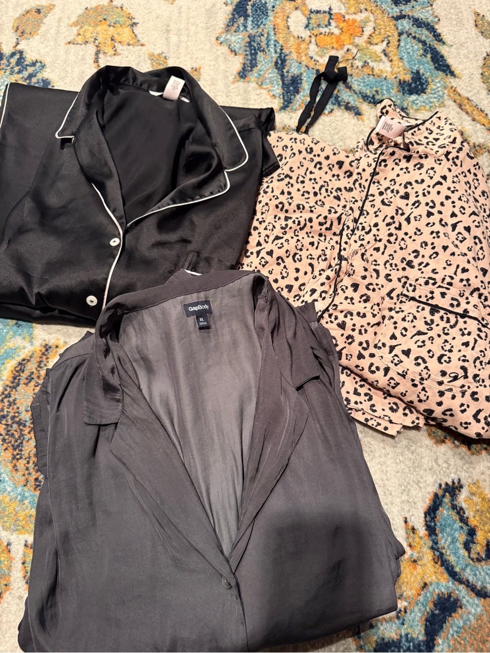 Victoria's Secret Black Satin Button-Down and Blush Leopard Sleep Shirt Set